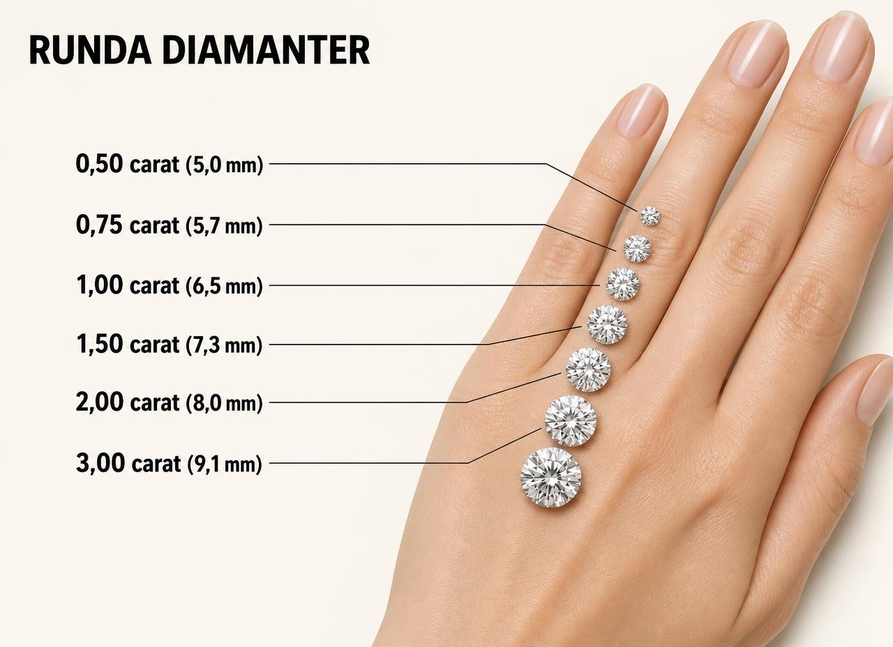 Storleksjämförelse av runda briljantslipade diamanter på en hand: 0,50 ct (5,0 mm) till 3,00 ct (9,1 mm)