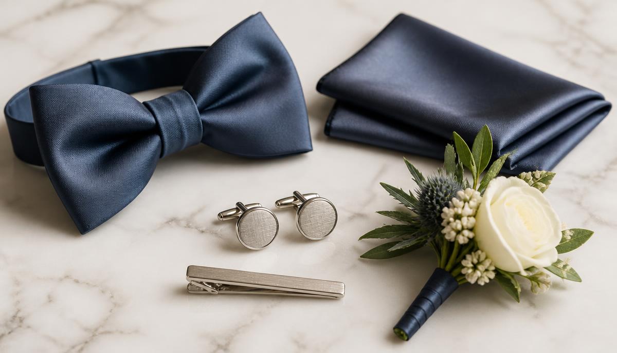 Marinblå fluga, bröstnäsduk, manschettknappar, slipsnål och corsage på marmor