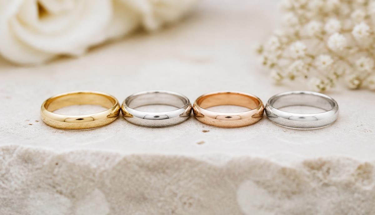 Fyra släta vigselringar i gult guld, vitguld, roséguld och platina sida vid sida