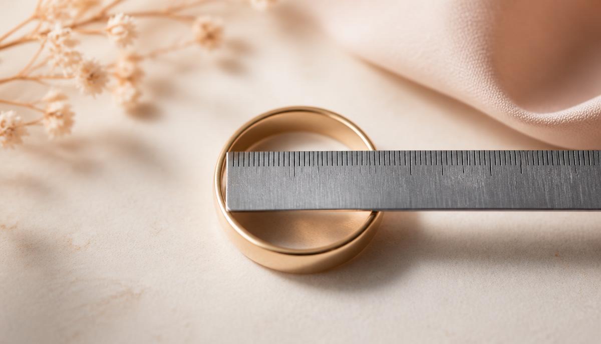 Linjal som ligger tvärs över en guldring för att mäta innerdiametern i millimeter